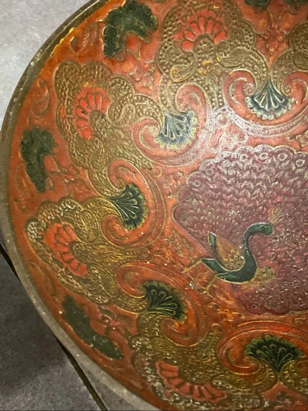 Decorative Brass Pedestal Bowl with Red and Green Enamel